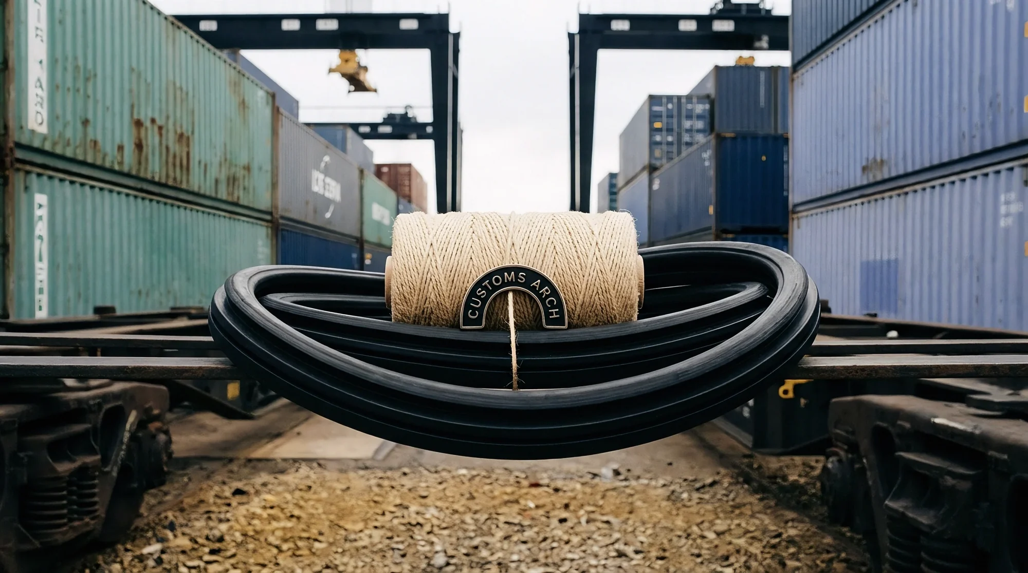 A heavy cable reel in the foreground of a container terminal, blue containers and cranes behind; navy tonal render.
