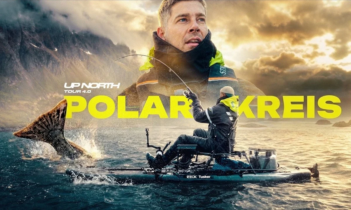 Thumbnail of UPNORTH episode one, Polarkreis: an angler in a kayak under a stormy Arctic sky, the title in yellow.