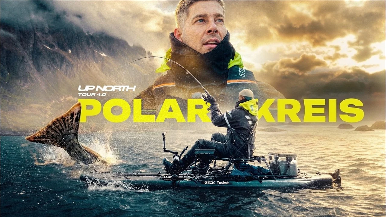 Thumbnail of UPNORTH episode one, Polarkreis: an angler in a kayak under a stormy Arctic sky, the title in yellow.