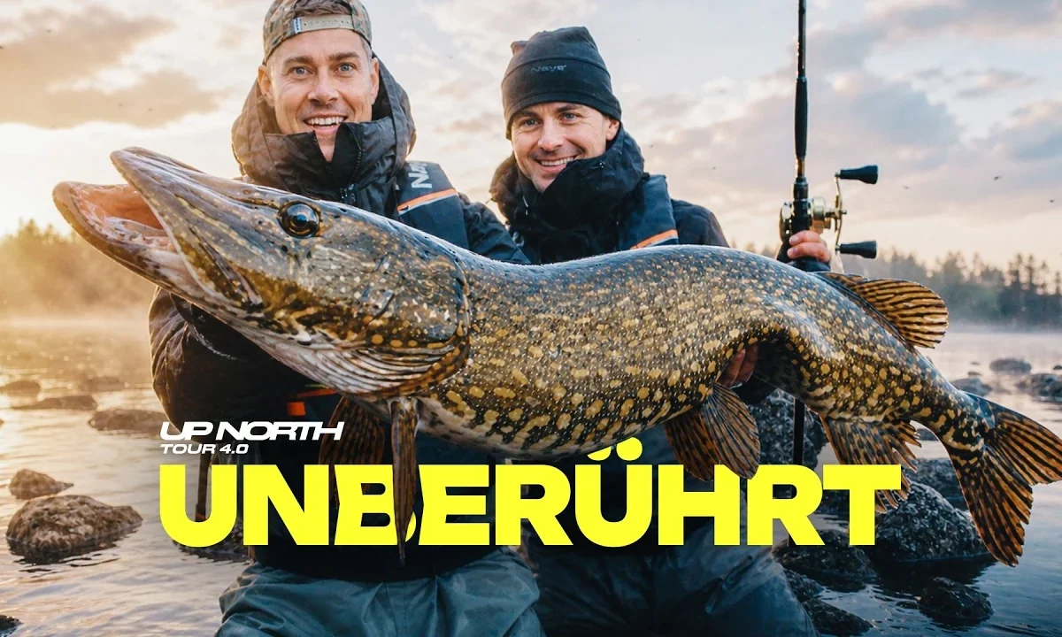 Thumbnail of UPNORTH episode two, Unberührt: two anglers holding a large pike at sunrise, the title in yellow.