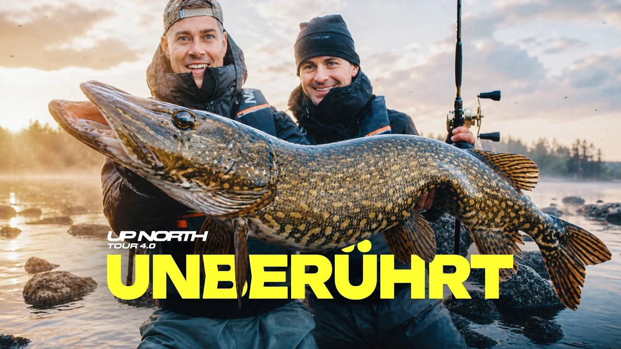 Thumbnail of UPNORTH episode two, Unberührt: two anglers holding a large pike at sunrise, the title in yellow.