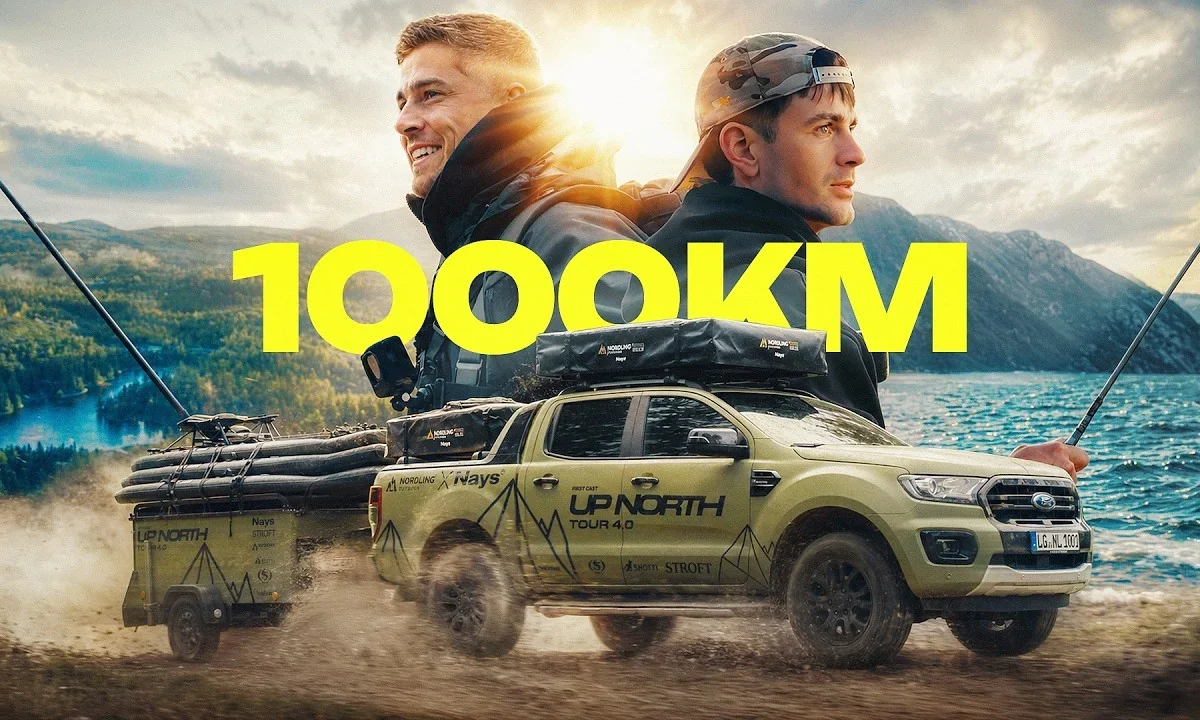 Thumbnail of UPNORTH episode three, 1000KM: the Green Beast on a lakeside road at sunset with two anglers, the title in yellow.