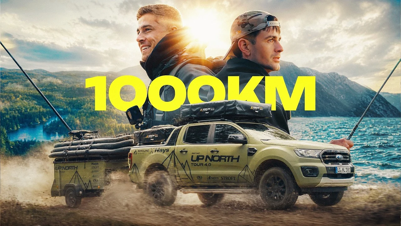 Thumbnail of UPNORTH episode three, 1000KM: the Green Beast on a lakeside road at sunset with two anglers, the title in yellow.