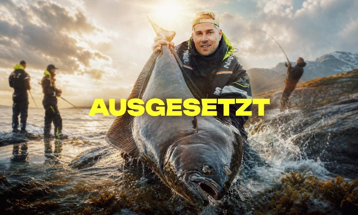 Thumbnail of UPNORTH episode four, Ausgesetzt: an angler lifts a cod from the sea under a dramatic sky, the title in yellow.
