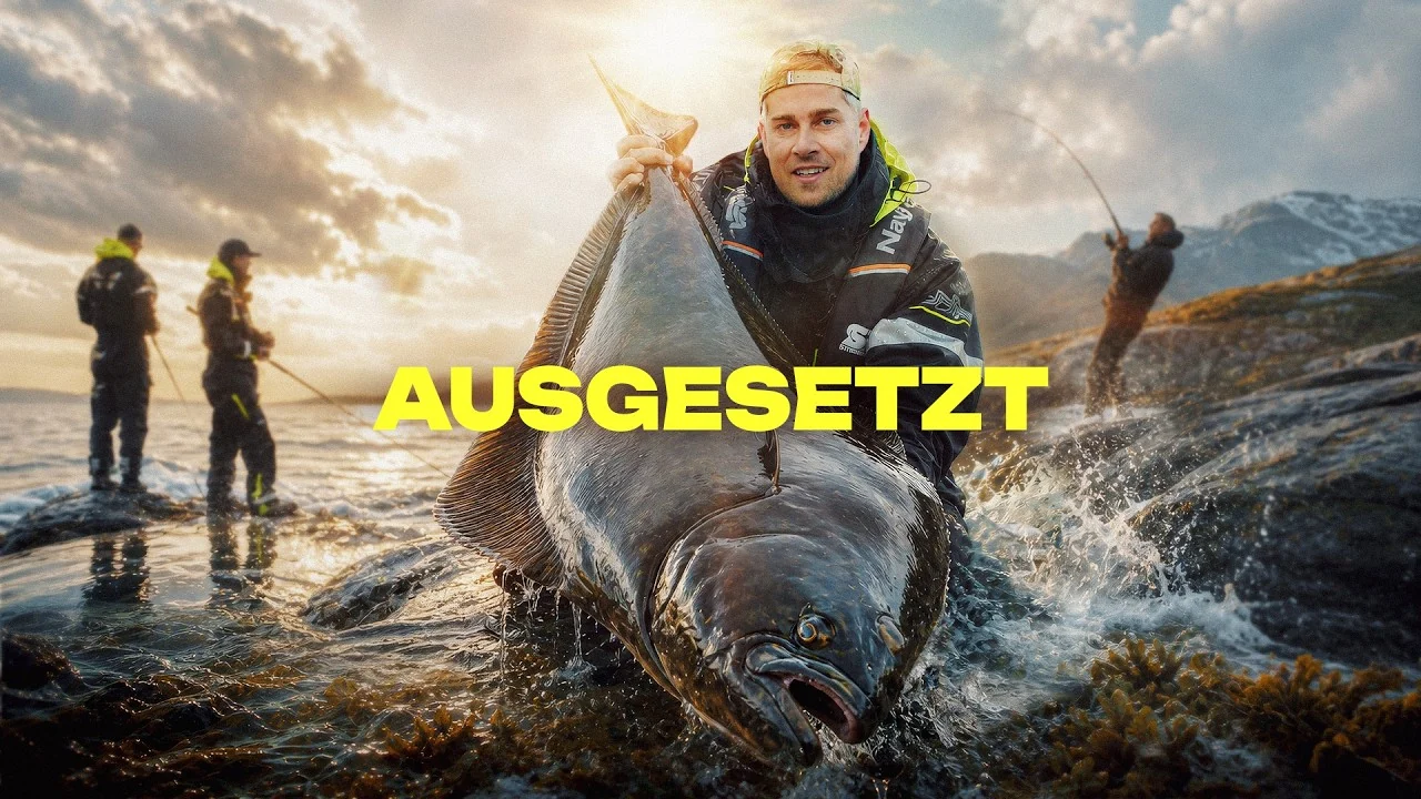 Thumbnail of UPNORTH episode four, Ausgesetzt: an angler lifts a cod from the sea under a dramatic sky, the title in yellow.