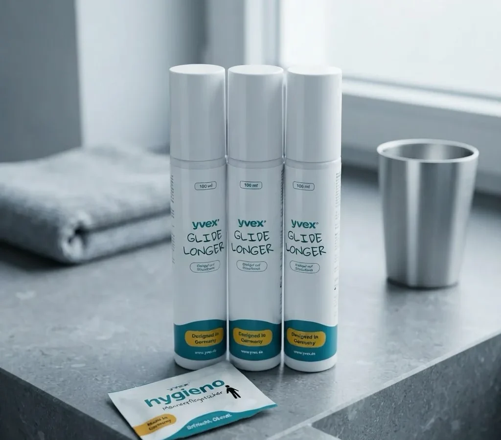पत्थर के काउंटर पर खड़ी yvex glide longer की तीन सफ़ेद बोतलें, बग़ल में yvex hygieno का एक सैशे और स्टील का एक कप, पीछे खिड़की से आती दिन की रोशनी।