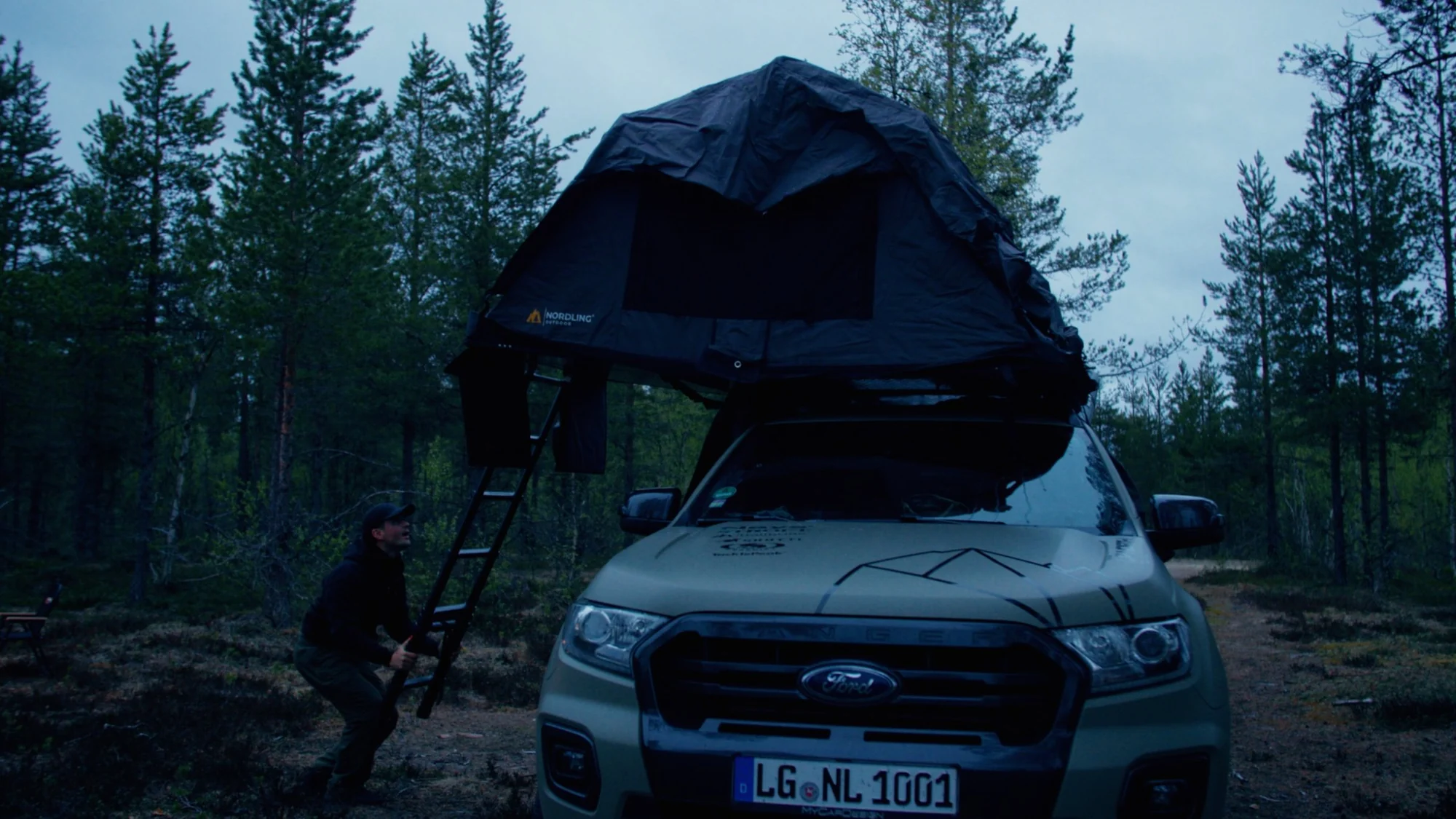 A pickup with a Nordling rooftop tent opened and its ladder down, parked between birches in flat evening light.