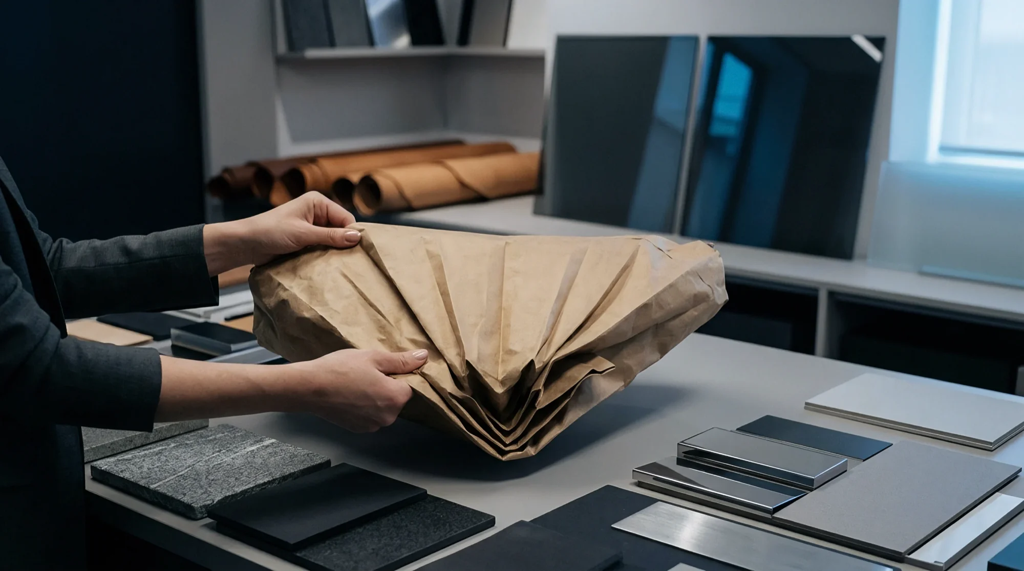Hands fan open a collection of tan and beige material samples at a production workbench.