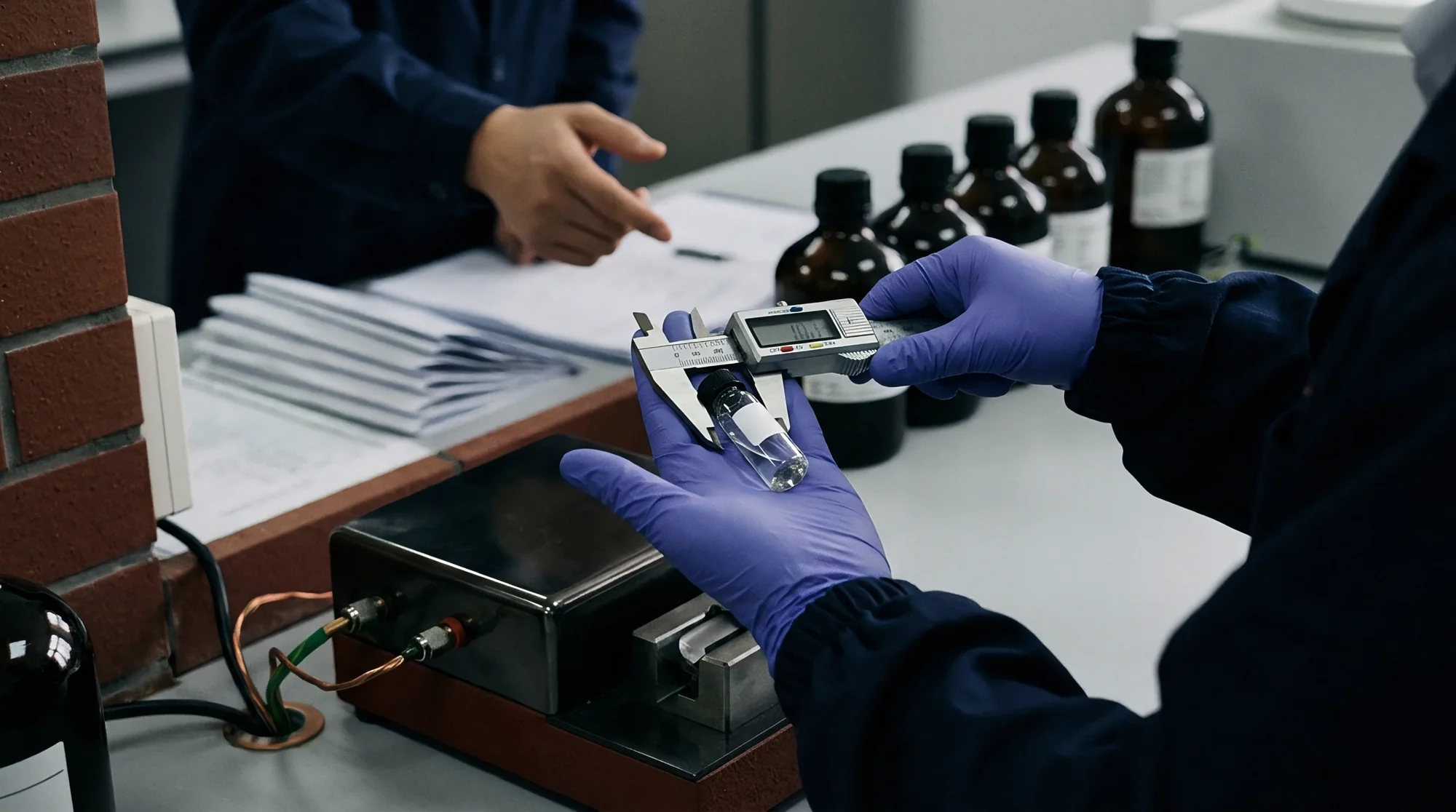 Gloved hands measure a small component with calipers on a workbench, sample bottles beside; navy tonal render.