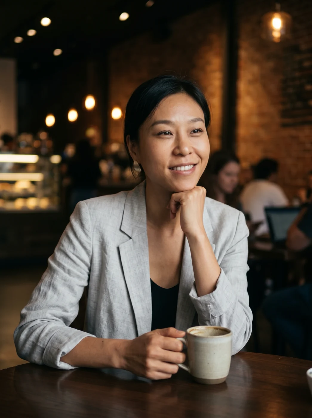 Phoebe Ye, operations lead of sentiention, seated at a café table with a cup in hand.
