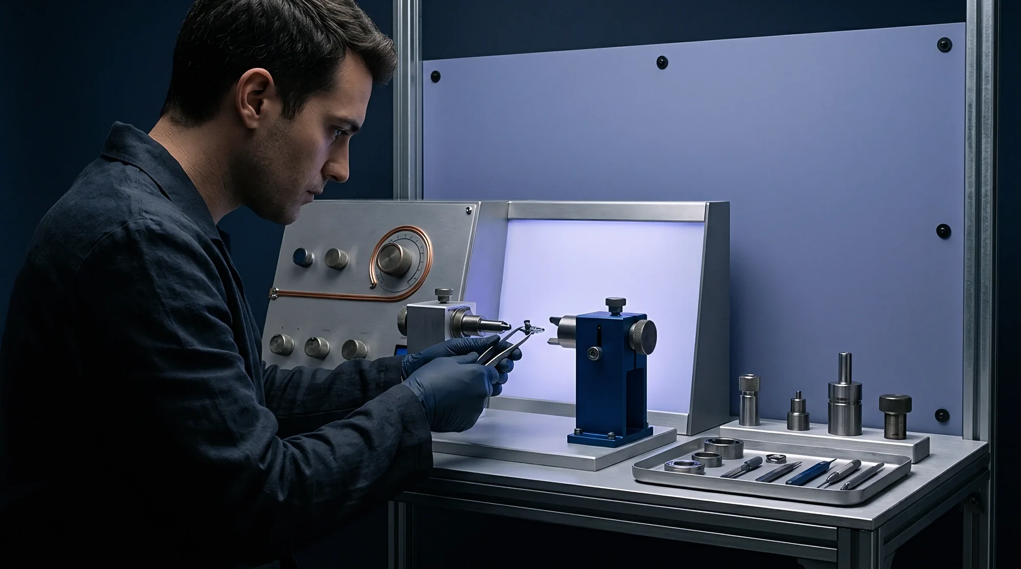 A man in a dark shirt works at a lit bench with small instruments and a scale; navy tonal render.