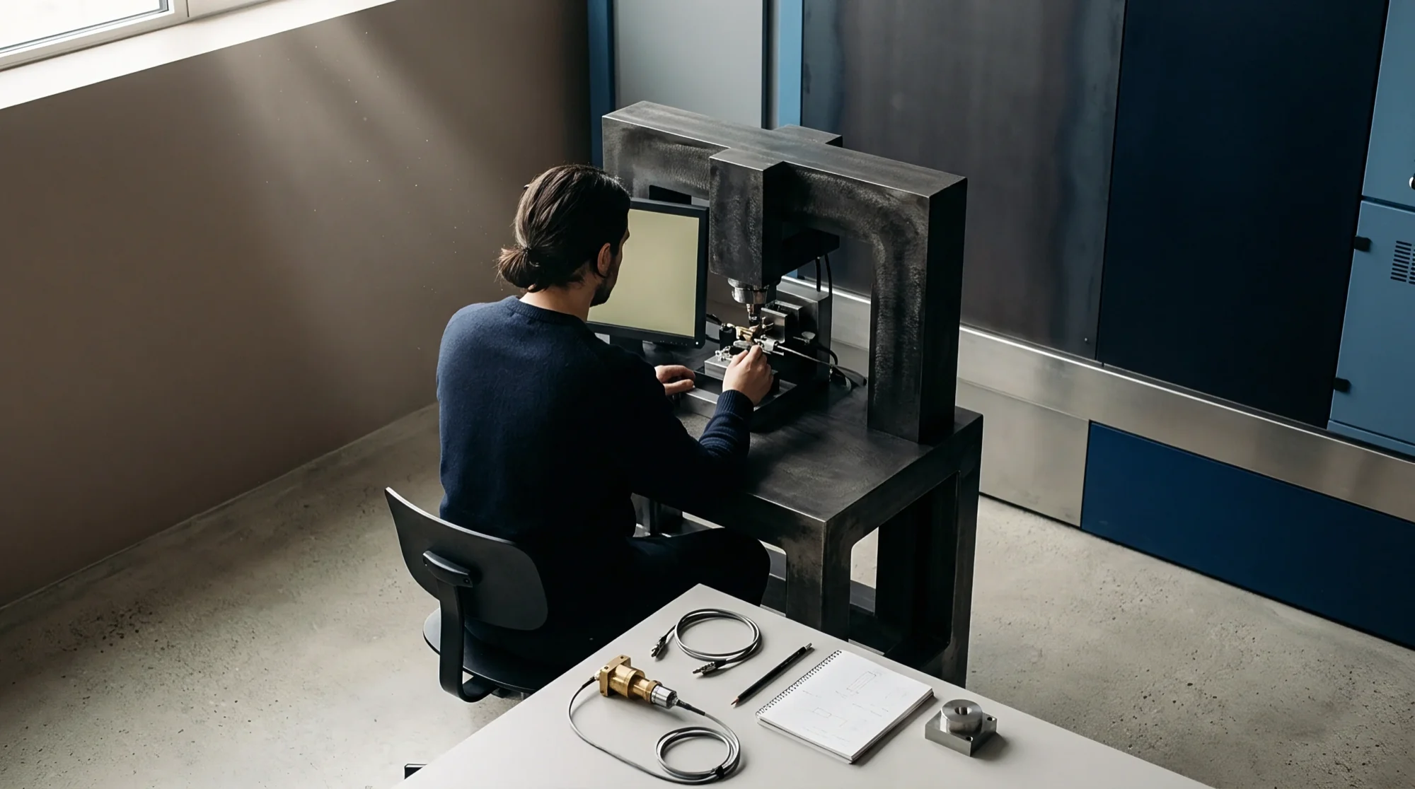 A technician seated at a workbench operates a sensor testing apparatus.