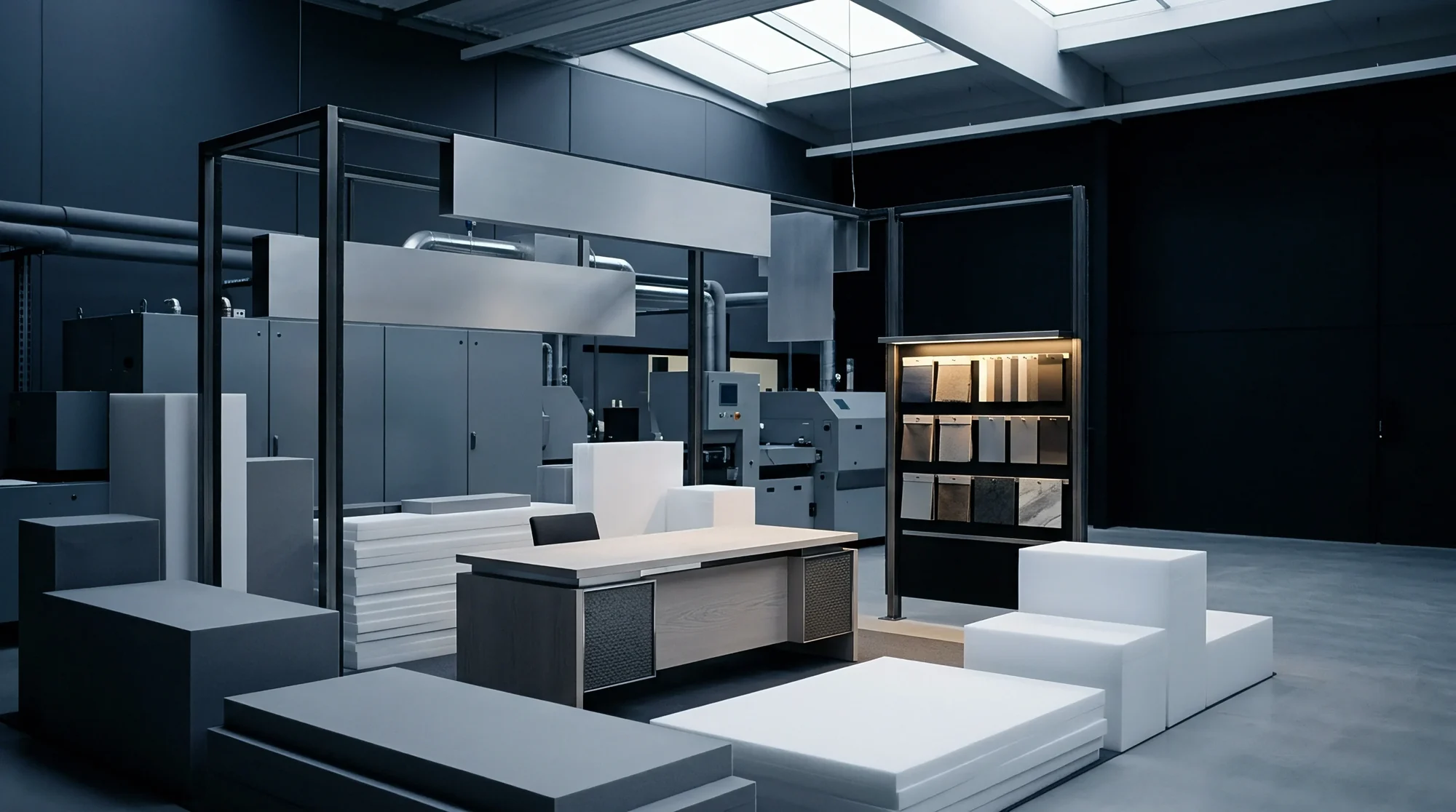 A dark control room with lit shelves along the walls and one desk in the centre; navy tonal render.
