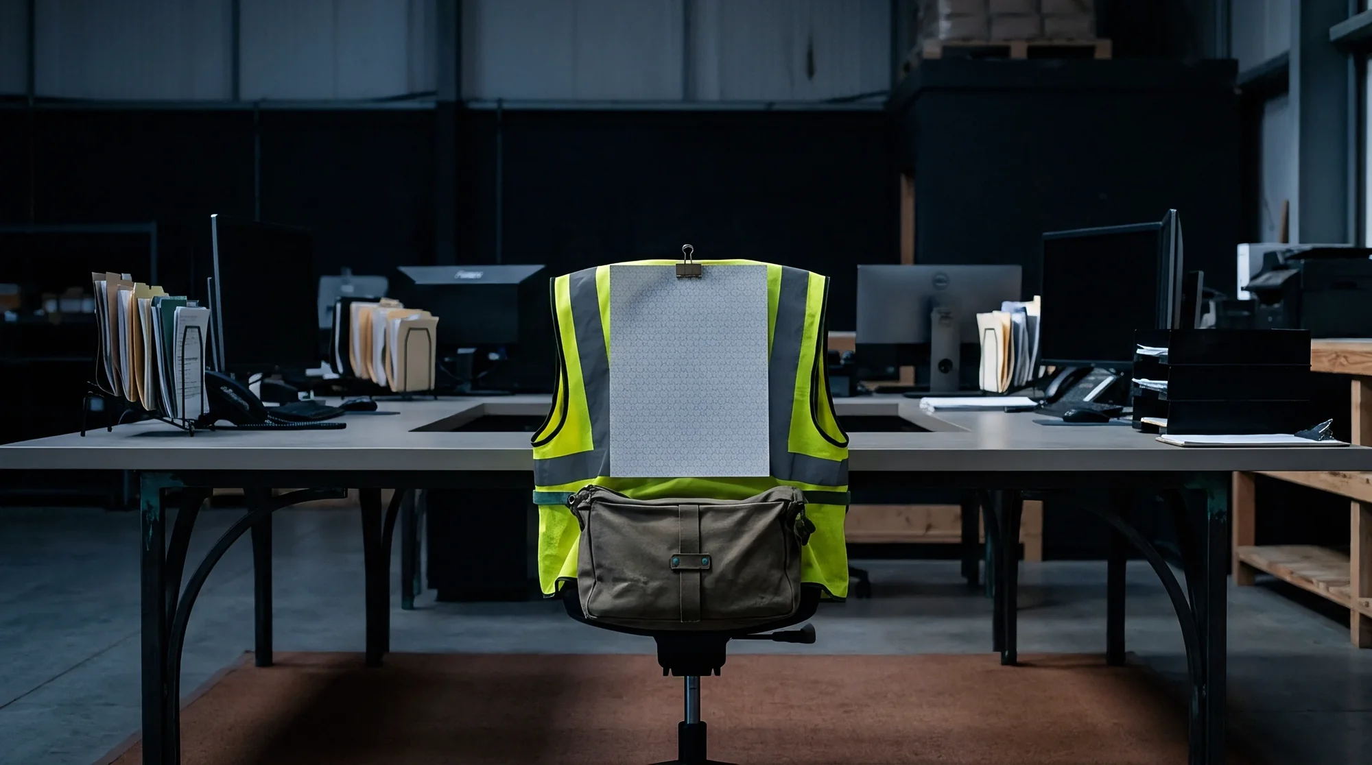 A tidy desk in a workshop office with a yellow high-visibility vest hung over the chair; navy tonal render.