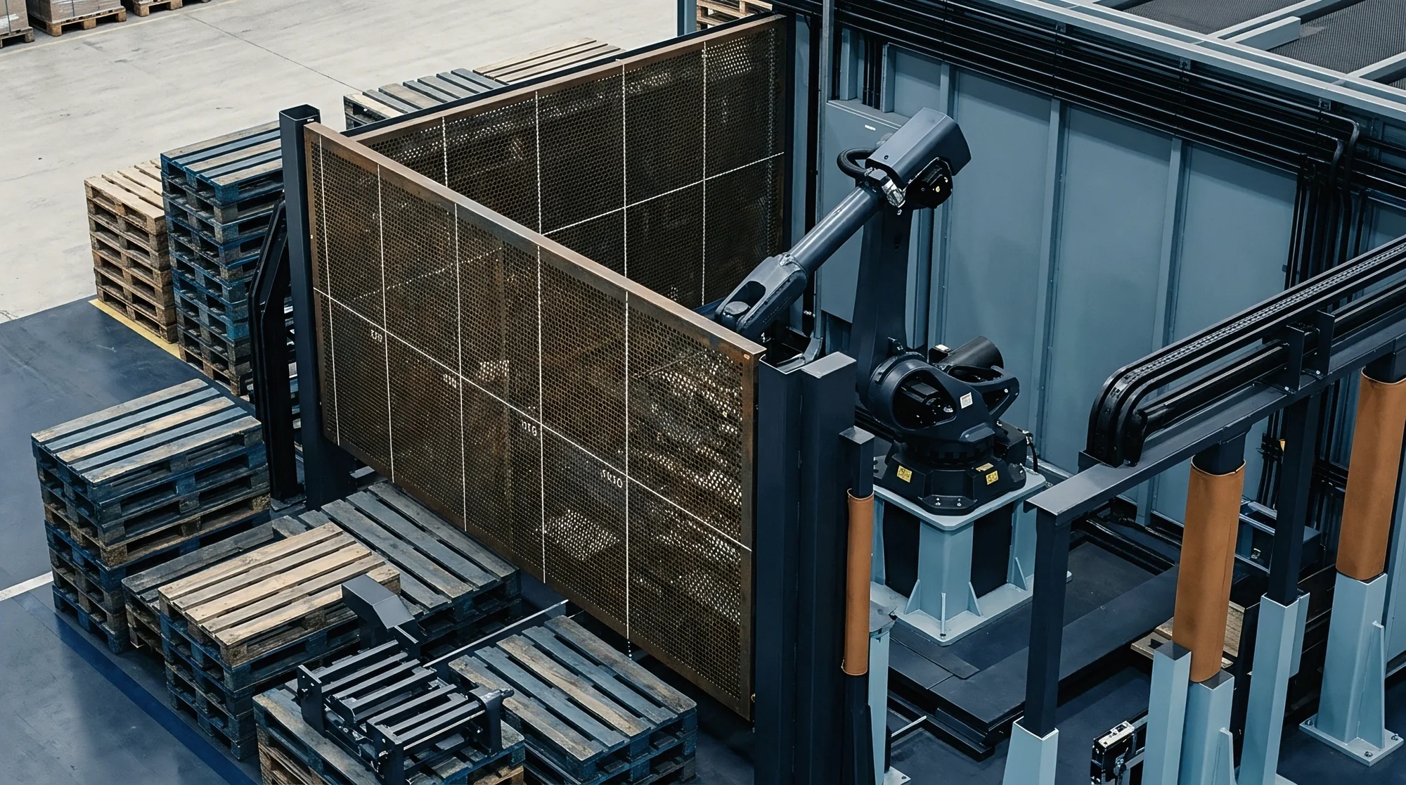 A dim machine hall with stacked crates, a robot arm and a small vehicle in the aisle; navy tonal render.