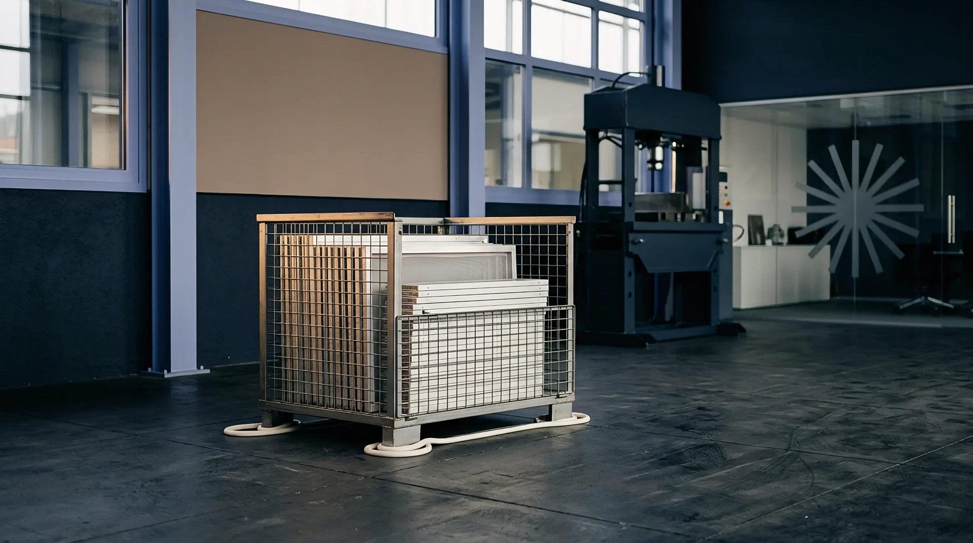 A single wire mesh crate on the floor of an empty industrial hall lit from tall windows; navy tonal render.