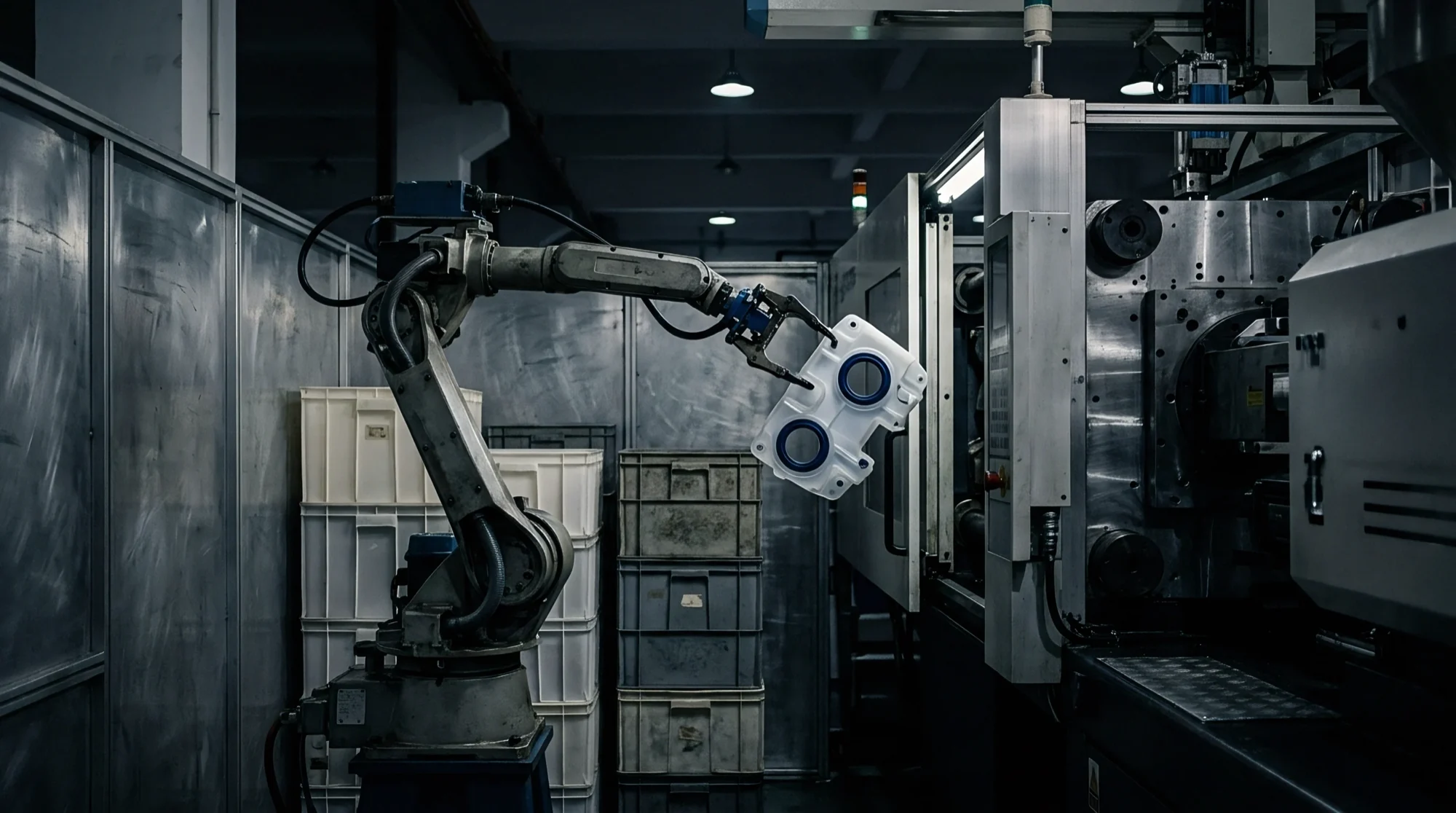 An articulated robotic arm with a white component head positioned in a dark manufacturing facility.
