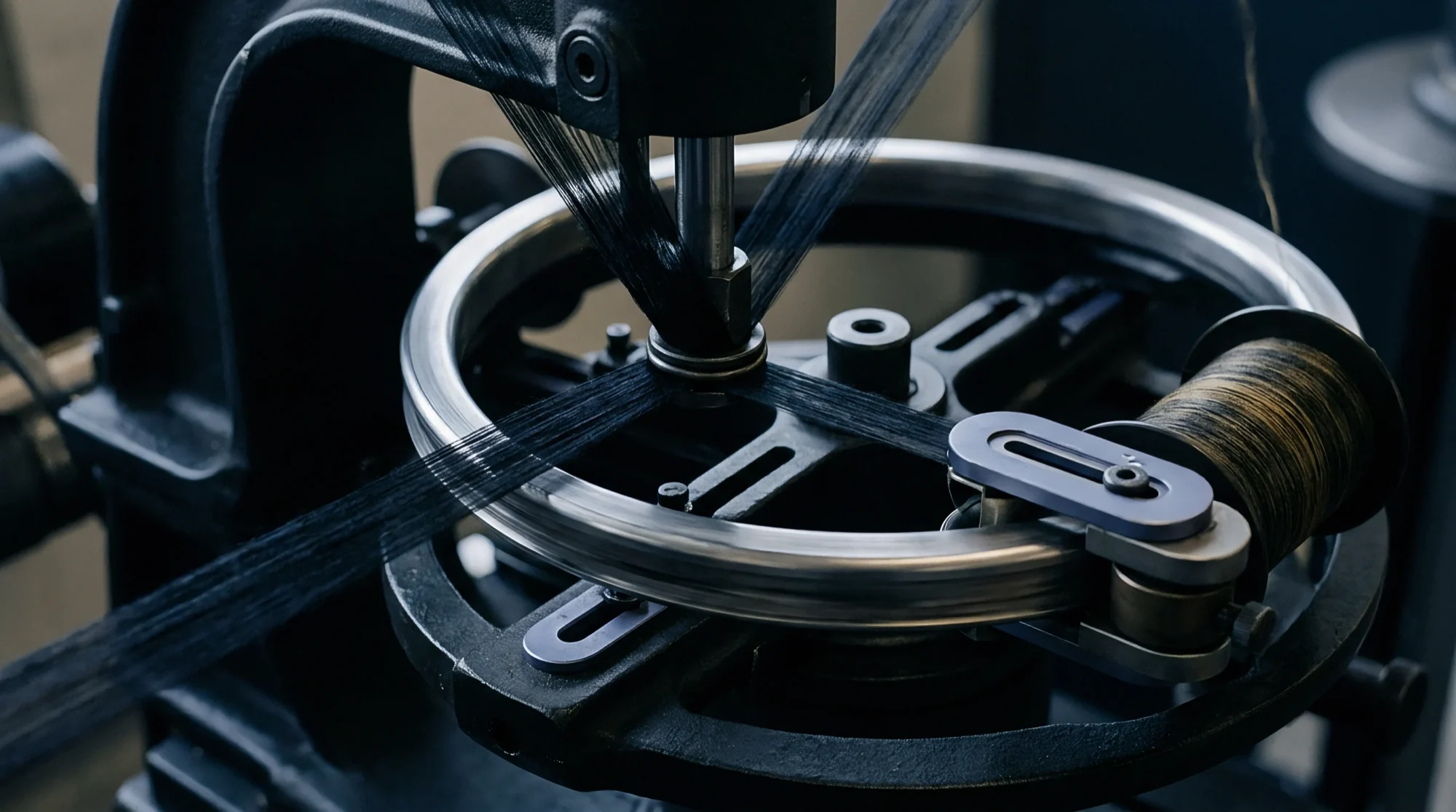 Macro view of thread winding onto metal carriers on production equipment.