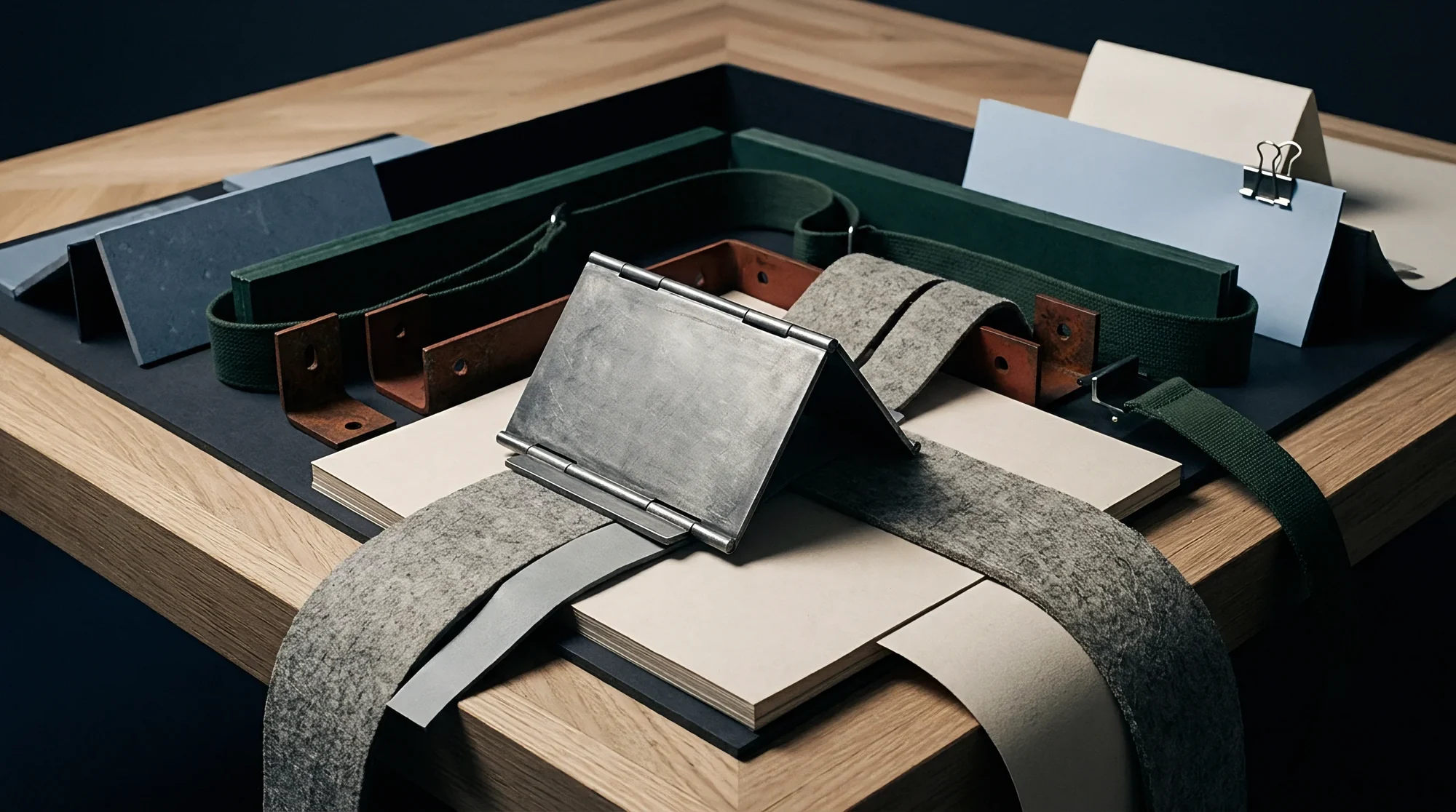 Paper and board swatches fanned across a dark table beside a ruler and a folded sample; navy tonal render.