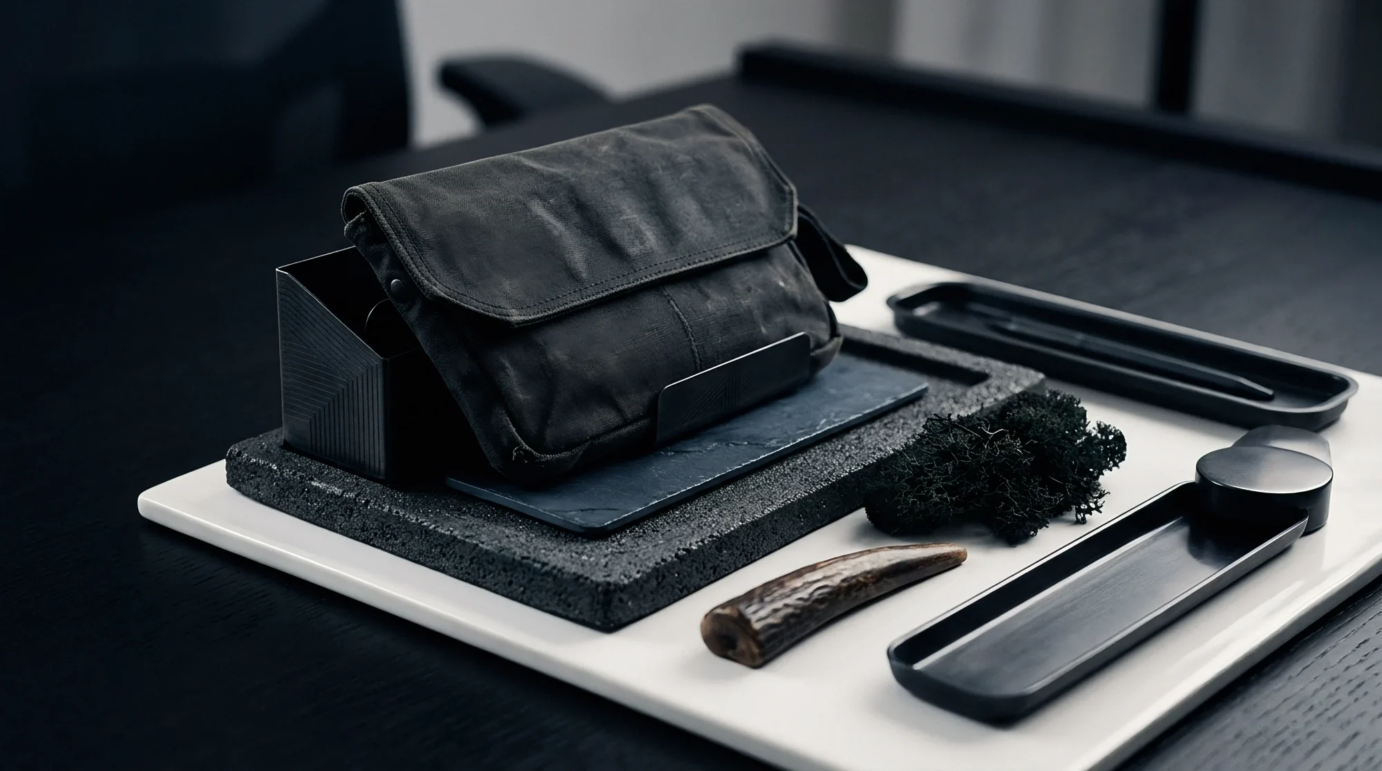 A notebook, a pouch and hand tools laid out in a row on a workbench; navy tonal render.