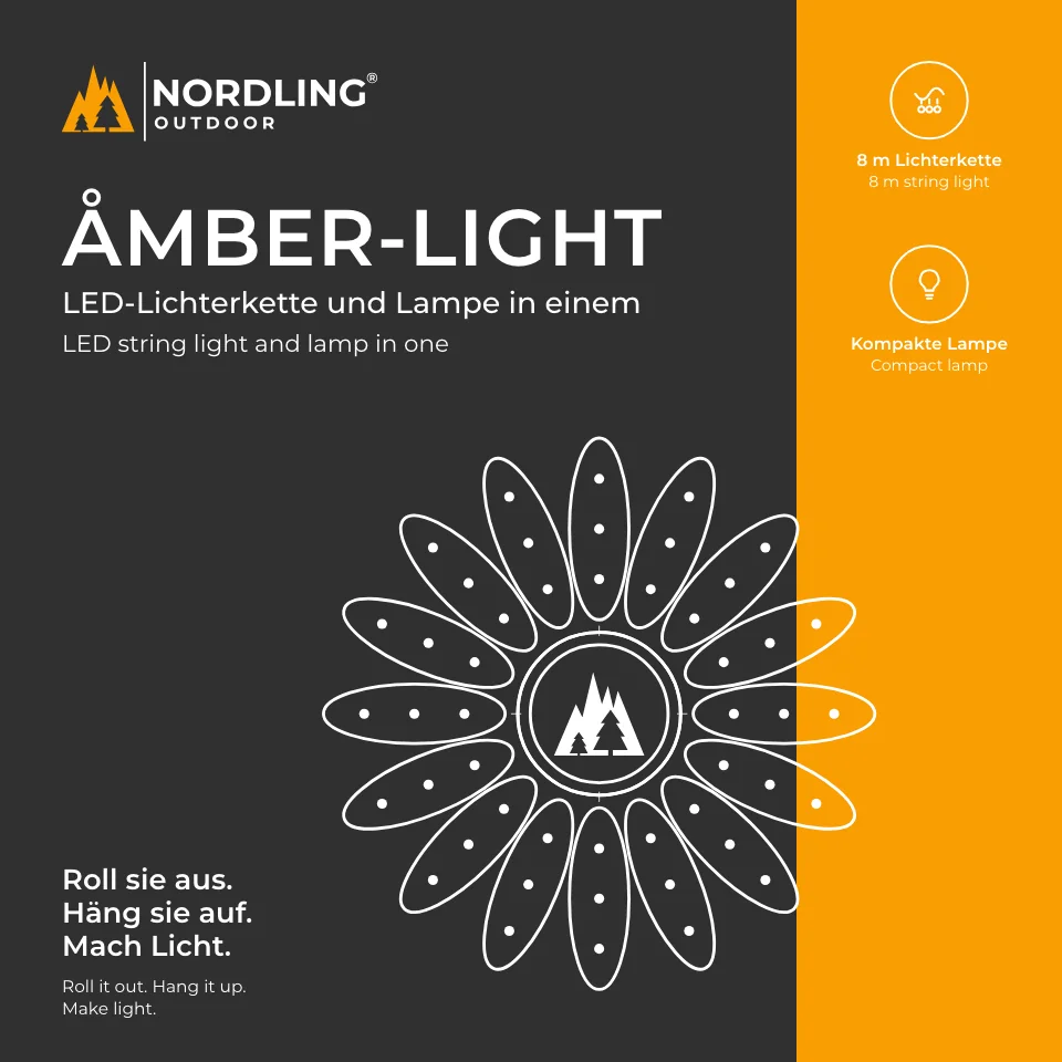 The front of the ÅMBER-LIGHT hanging box: charcoal with the name and a white line drawing of the lamp, an orange band with two icons.