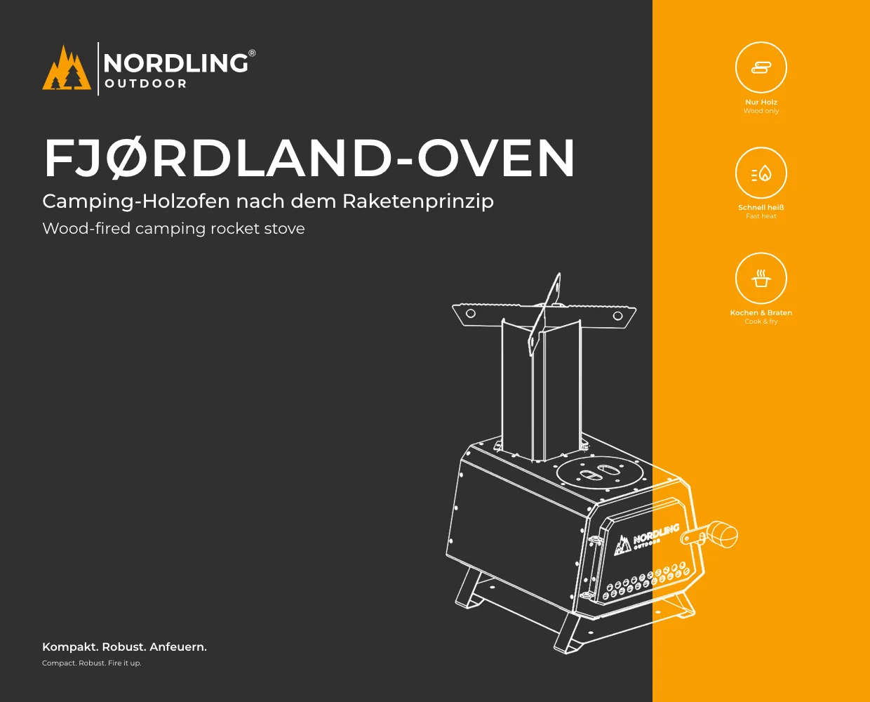 The front of the FJØRDLAND-OVEN box: charcoal with the name and a white line drawing of the stove, an orange band with three function icons.