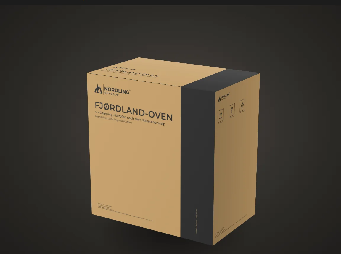 The FJØRDLAND-OVEN shipping carton for four in brown kraft, the band and logo printed in one charcoal ink.