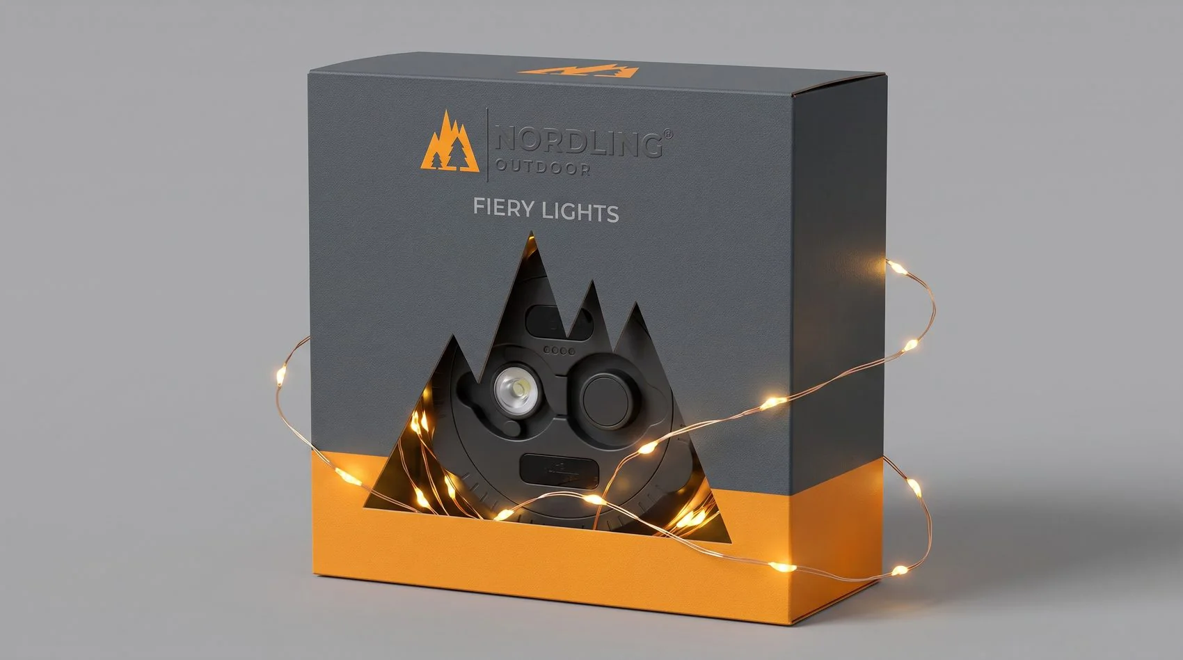 Packaging direction 05 The Cutout for the Nordling light chain, shown as a box beside the lit product.