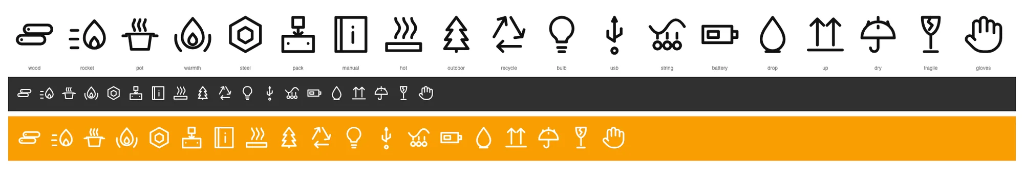 The packaging icon set drawn as one family: battery, bulb, water, dry, fragile, gloves, hot, manual, outdoor and more, on charcoal and on orange.