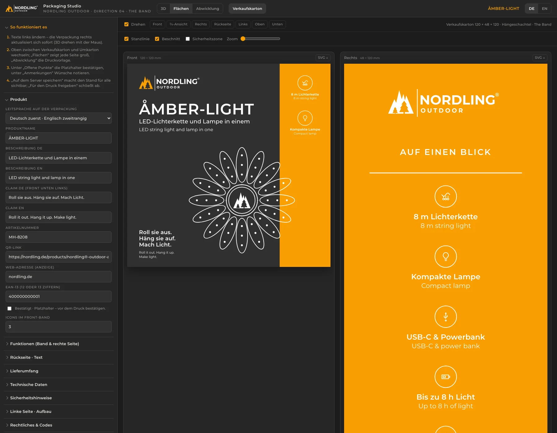 The Packaging Studio showing the ÅMBER-LIGHT box face by face: the charcoal front and the orange side with its six function rows.