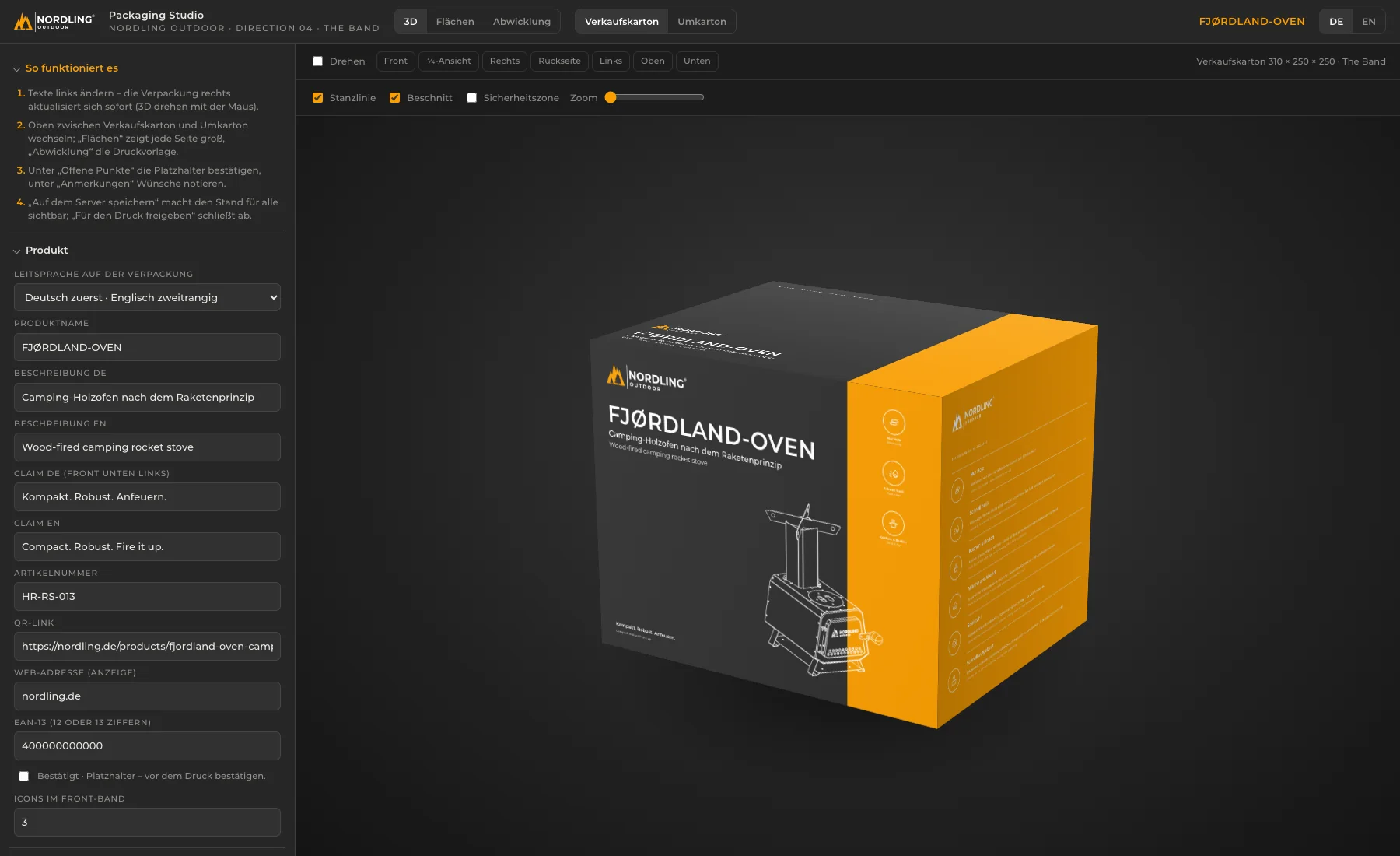 The Nordling Packaging Studio with the copy fields on the left and the FJØRDLAND-OVEN retail box rendered in 3D on a dark stage.